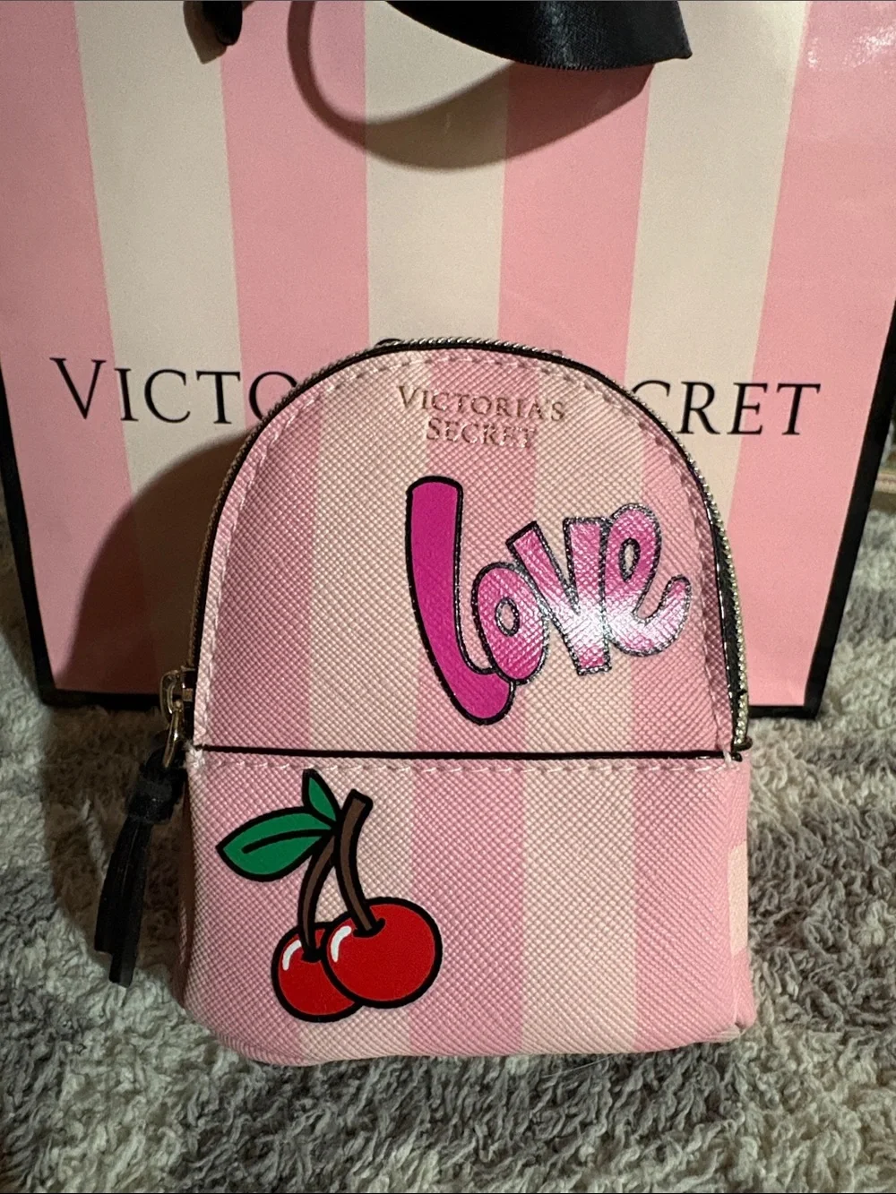Victoria's Secret Pink Mini Backpack Bag Charm Cherry & 'Love' Graphic